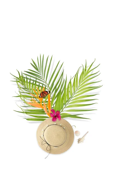 Conceito de verão com chapéu de palha, Borboleta no pássaro do paraíso flo — Fotografia de Stock