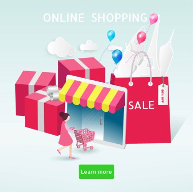 Online alışveriş kavramı. Mutlu kadın alışveriş tarafından onun tablet. 