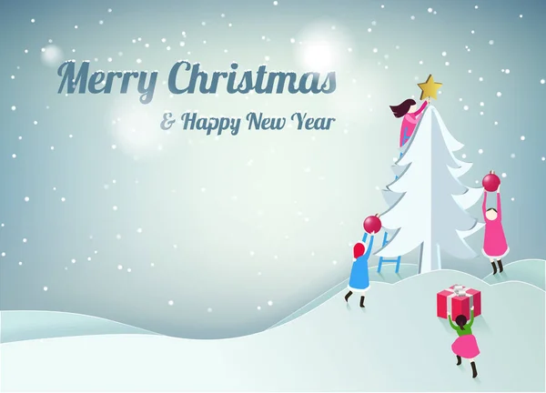 Feliz Natal e Feliz Ano Novo cartão de saudação, ilustração vetorial. Meninas felizes decorando uma árvore de Natal bonita com fundo de paisagem, neve, design de banner . —  Vetores de Stock