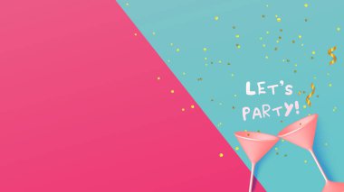 Mutlu yıllar, Noel ya da Parti. Pastel pembe şarap kadehi. Ürününü, mesajını, tasarımını koymak için pembe arka planda fotokopi alanı var. Reklam için zemin. Sevgililer Günü geçmişi. Aşk konsepti.