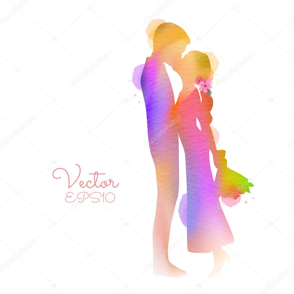 Romantic Valentine lovers are kissing silhouette on a watercolor background. Love at first sign concept.  Engagement couple. Happy valentine's day. Vector illustration