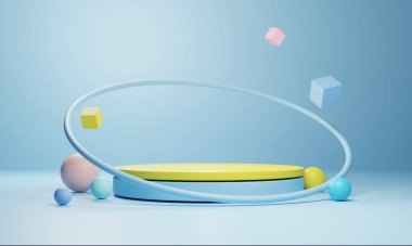 Soyut geometrik podyum arka planı, modelle, boş minimalist boş vitrin şablonu, Modern sanat deco dükkanı görüntüsü, pastel renkler. 3d hazırlayıcı.