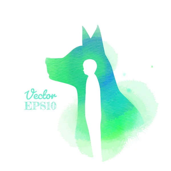 Man Dog Silhouette Watercolor Background Concept Trust Friendship Digital Art — Stock Vector