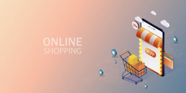 Mobil uygulamadan online alışveriş. Küresel pazar Dijital pazarlama. Küresel lojistik ağı izometrik. Çevrimiçi dağıtım hizmeti kavramı. Güvenli online alışveriş. Vektör illüstrasyonu.