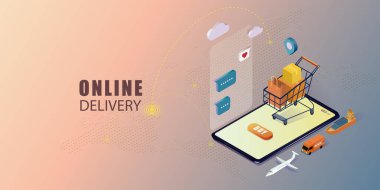 Mobil uygulamadan online alışveriş. Küresel pazar Dijital pazarlama. Küresel lojistik ağı izometrik. Çevrimiçi dağıtım hizmeti kavramı. Güvenli online alışveriş. Vektör illüstrasyonu.