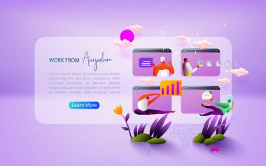 Uzaktan kumanda kavramı ve her yerden çalışma. Covid-19 sırasında evden çalışıyordu. İniş sayfası şablonu. Vektör illüstrasyonu.