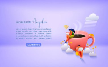 Uzaktan kumanda kavramı ve her yerden çalışma. Covid-19 sırasında evden çalışıyordu. İniş sayfası şablonu. Vektör illüstrasyonu.