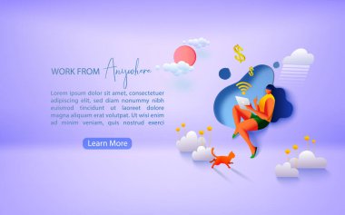 Uzaktan kumanda kavramı ve her yerden çalışma. Covid-19 sırasında evden çalışıyordu. İniş sayfası şablonu. Vektör illüstrasyonu.