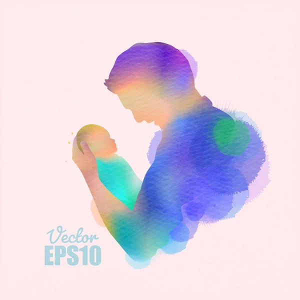 Joyeuse Fete Des Peres Vue Laterale Du Pere De Famille Heureux Tenant Une Silhouette De Bebe Nouveau Ne Plus Aquarelle Abstraite Peinte Illustration Double Exposition Peinture D Art Numerique Illustration Vectorielle Modele