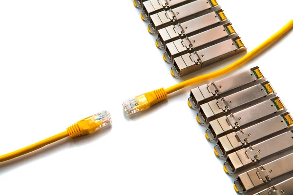 Internet Sfp Small Form Factor Pluggable Network Modules Yellow Patch — Stock Photo, Image