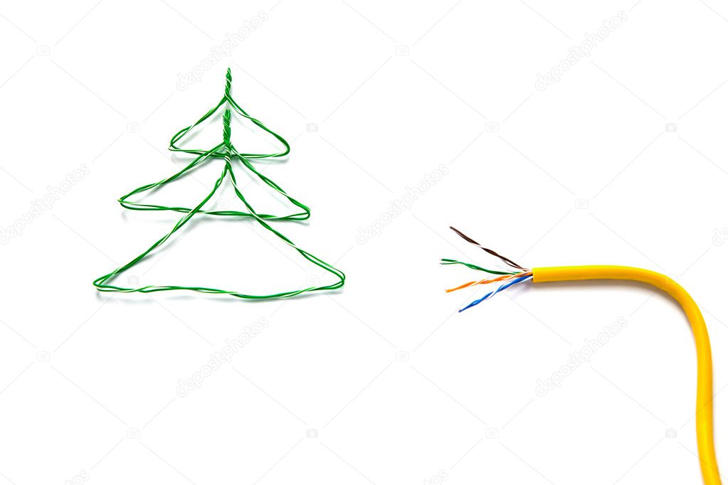Christmas tree made from cables of Twisted pair RJ45 and yellow patch cord for Lan network. Concept of New Year, Christmas, internet connection, communication