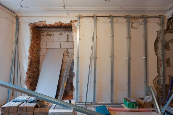 Interior Apartment Materials Renovation Construction Remodel Wall Gypsum Plasterboard — Stock Photo, Image