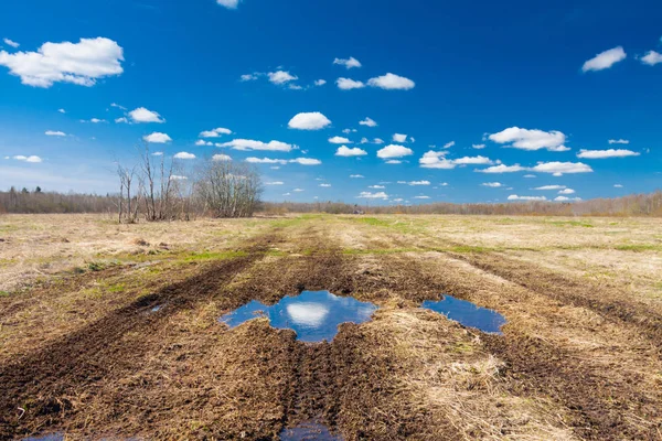 Road with big puddle on the field on countryside and blue sky reflection in puddle on sunny spring day