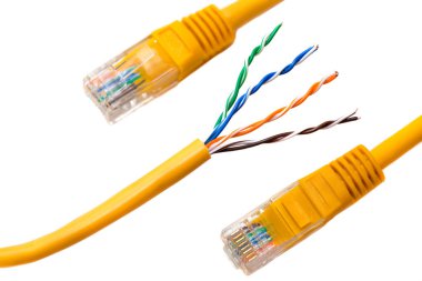 An ethernet wire cable and yellow patch-cord with twisted pair (isolated). clipart
