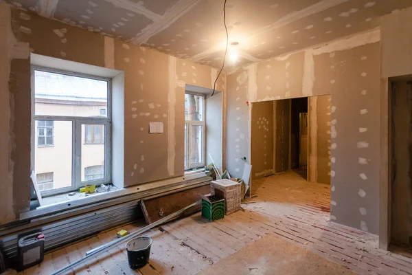 Material Repairs Apartment Construction Remodeling Rebuilding Renovation Making Walls Gypsum — Stock Photo, Image