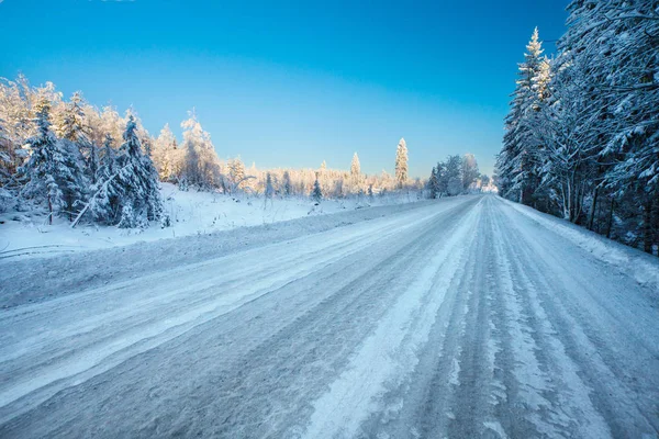 Die Freileitung über blauem Himmel. Elektrische Leitungen von Hochspannungsleitungen oder Hochspannungsleitungen, die im Winterwald von Schnee bedeckt sind. — Stockfoto