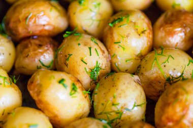 Fırında patates (Kumpir) bütün derileri ayçiçek yağı ve dereotu kahverengi oluncaya kadar. Yakın çekim.