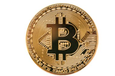 Bitcoin. Fiziksel bit sikke. Dijital para. Cryptocurrency. Beyaz arka plan üzerinde izole bitcoin simgesi olan altın sikke.
