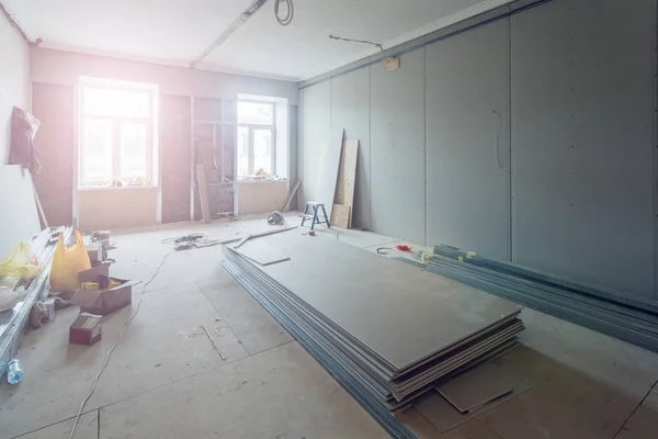 Working Process Installing Metal Frames Plasterboard Drywall Making Gypsum Walls — Stock Photo, Image