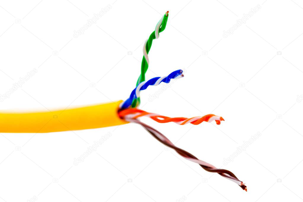 Isolated ethernet wire  cable or yellow patch-cord with twisted pair for internet and communacation equipment. Close up.
