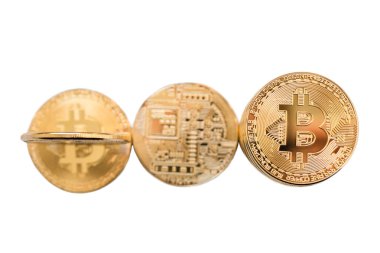 Bitcoins sesi efektli. Fiziksel bit sikke. Dijital para. Cryptocurrency. Altın sikke. 