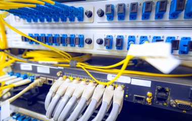 Bilgi Teknolojisi Bilgisayar Ağı, Telekomünikasyon Ethernet Kabloları İnternet Anahtarı 'na Bağlandı. Ağ anahtarı ve ethernet kabloları, Veri Merkezi Konsepti.