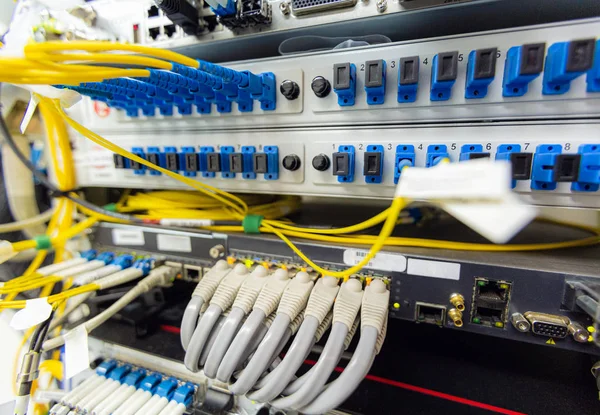 Компьютерная сеть информационных технологий, телекоммуникационные кабели Ethernet, подключенные к Интернет-коммутатору. Сетевой коммутатор и кабели Ethernet, Концепция центра обработки данных . — стоковое фото