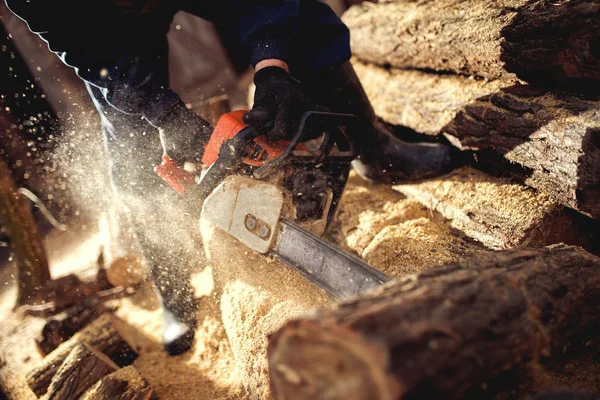 Hombre cortando madera con motosierra — Foto de Stock