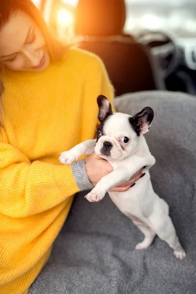 Mujer sosteniendo adorable cachorro — Foto de Stock