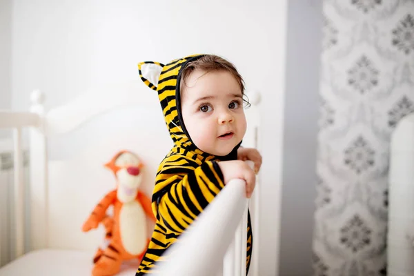 Bebê bonito vestindo minúsculo traje de tigre — Fotografia de Stock