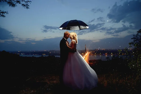 Newlywed couple standing under umbrella — Stock Photo, Image