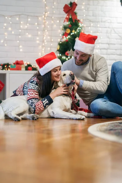 Casal celebrando o Natal com o cão — Fotografia de Stock