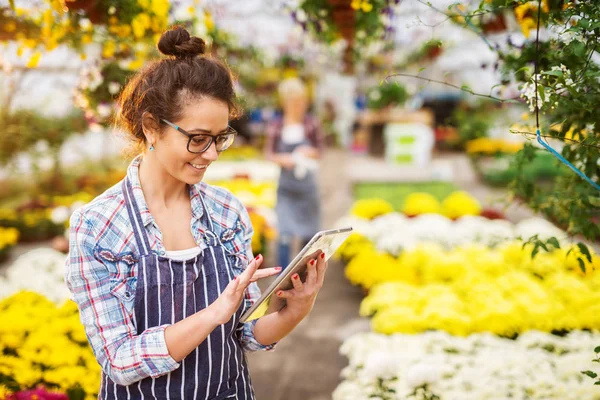 Vrouwelijke tuinman in kas — Stockfoto