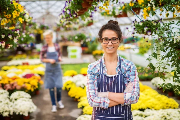 Vrouwelijke tuinman in kas — Stockfoto