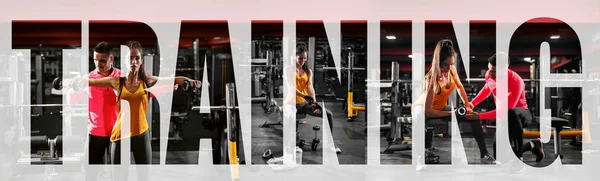 Collage Photos People Training Gym Training Lettering — Stock Photo, Image