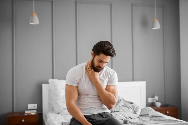 Portrait Worried Handsome Man Suffering Throat Pain Muscular Bearded Guy — Stock Photo, Image