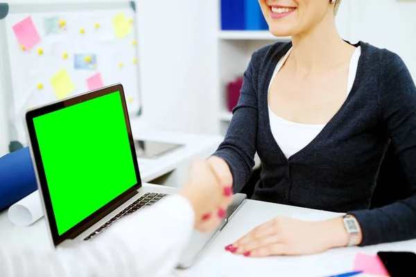 Sorrindo Assistente Financeiro Sentado Frente Cliente Sexo Feminino Eles Estão — Fotografia de Stock