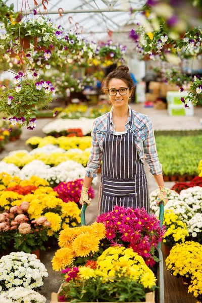 Bellissimo Giovane Giardiniere Professionista Femminile Posa Serra Moderna — Foto Stock