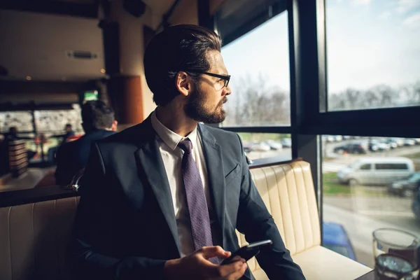 Stylish Bearded Handsome Young Businessman Suit Sitting Cafe Holding Mobile — Stock Photo, Image