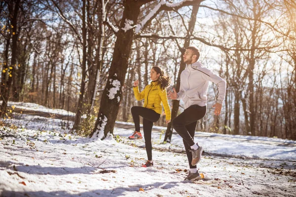 Спортивная Молодая Пара Спортивной Одежде Разогревается Перед Бегом Зимнем Снежном — стоковое фото