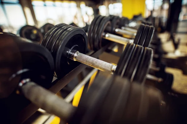 Row Many Black Dumbbells Gym — Stock Photo, Image