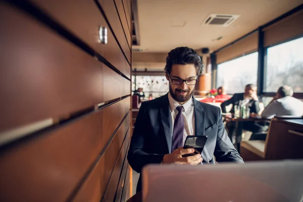 Successful Handsome Young Bearded Businessman Suit Working Laptop Smartphone Cafe — Stock Photo, Image