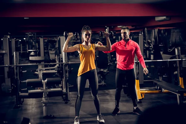 Attractive Fit Young Woman Exercising Dumbbells Gym Personal Trainer — Stock Photo, Image