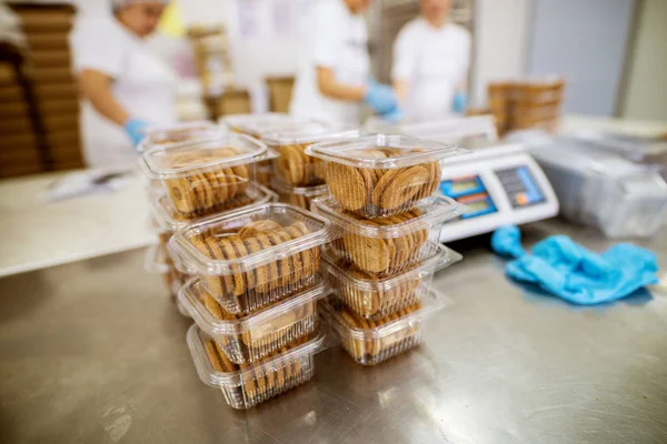 Processo Embalagem Cookies Fábrica Indústria Alimentos — Fotografia de Stock