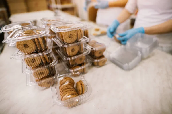 Processo Embalagem Cookies Fábrica Indústria Alimentos — Fotografia de Stock