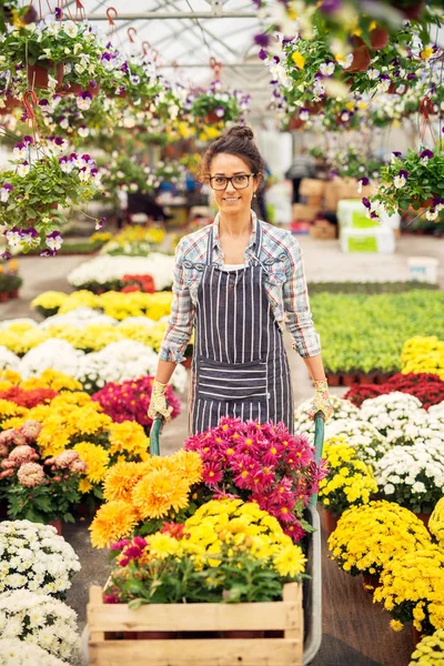 Bellissimo Giovane Giardiniere Professionista Femminile Posa Serra Moderna — Foto Stock