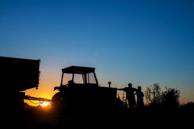 Two agronomist men standing in field leaning against tractor after harvest at sunset clipart