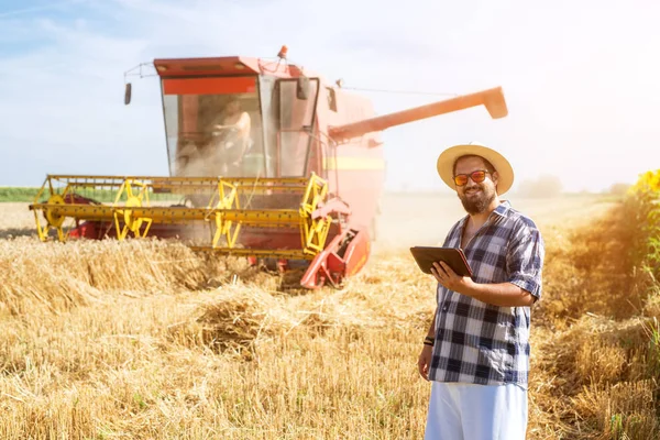 modern farmer with tablet at wheat field near harvester combine