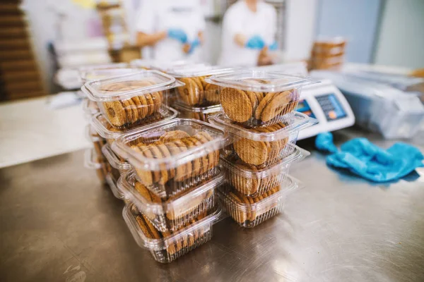 Processo Embalagem Cookies Fábrica Indústria Alimentos — Fotografia de Stock