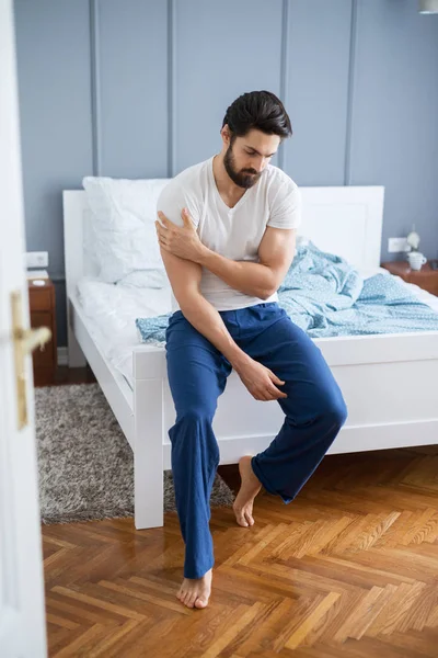 Portrait Sad Handsome Muscular Bearded Man Suffering Shoulder Pain Home — Stock Photo, Image